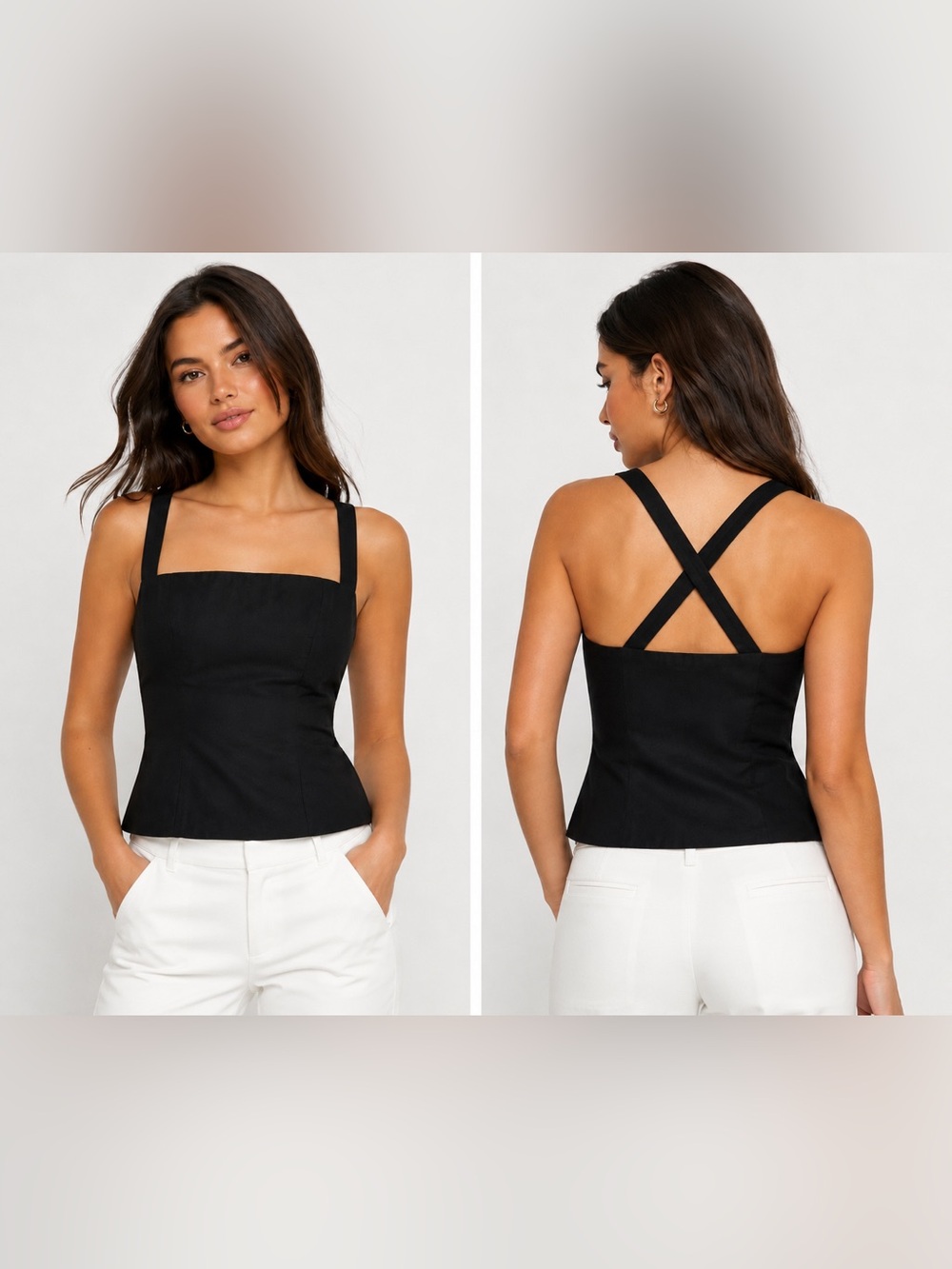 Carlisle Vintage Black Linen Square-Neck Cross Back Fitted Top‎ Sz. 10